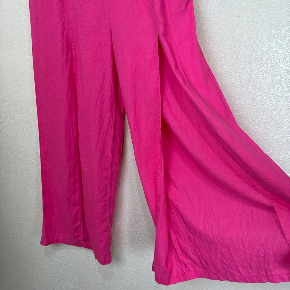 HG Pants Womens Fuchsia Linen Viscose Wide Leg Split Front Pull On Retro Chic M